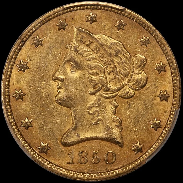 Eagle. 1850 Small Date $10 gold coin. PCGS AU58 CAC, ex Fairmont.
