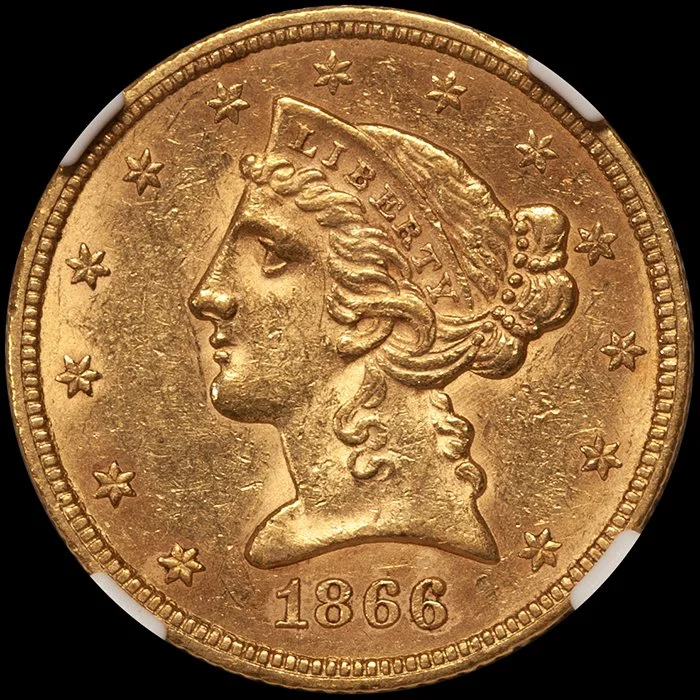 Half Eagle. 1866 motto $5 gold coin. NGC MS61 CAC.