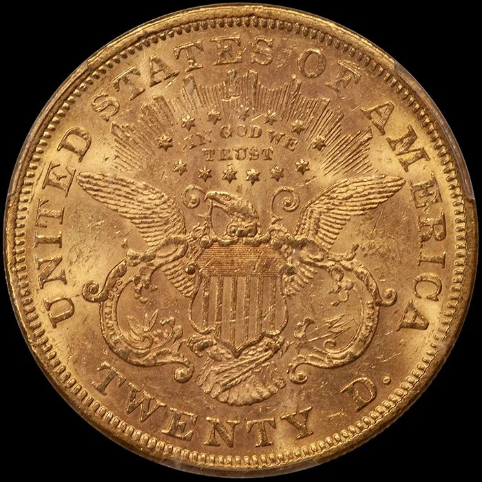Double Eagle. 1868 $20 gold coin. PCGS MS62.
