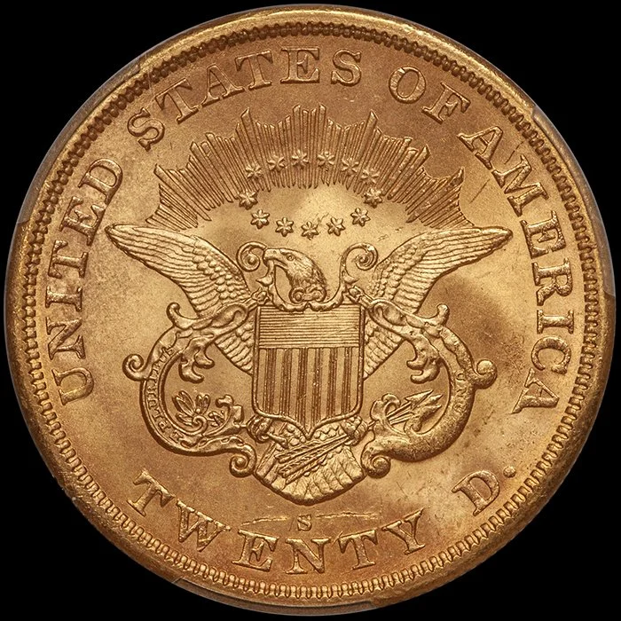Double Eagle. 1865-S San Francisco $20 gold coin. PCGS MS64 CAC.