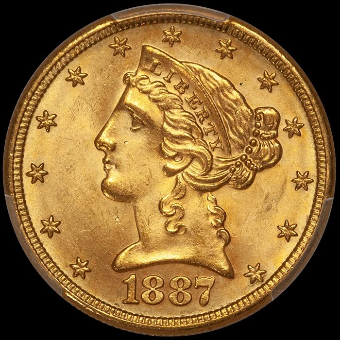 Half Eagle. 1887-S San Francisco $5 gold coin. PCGS MS65+ CAC.