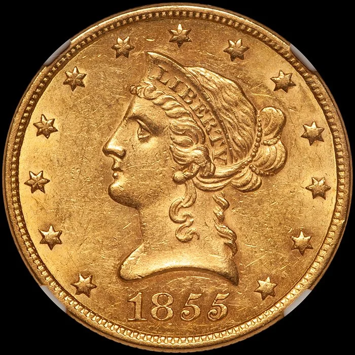 Eagle. 1855 $10 gold coin. NGC AU58 CAC.