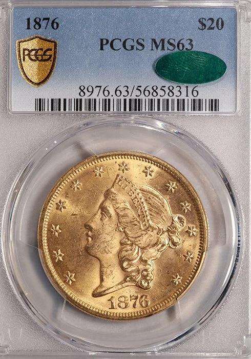 Double Eagle. 1876 $20 gold coin. PCGS MS62 CAC.