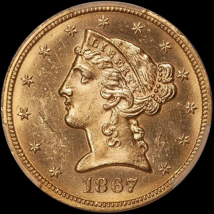 Half Eagle. 1867 $5 gold coin. PCGS MS61.