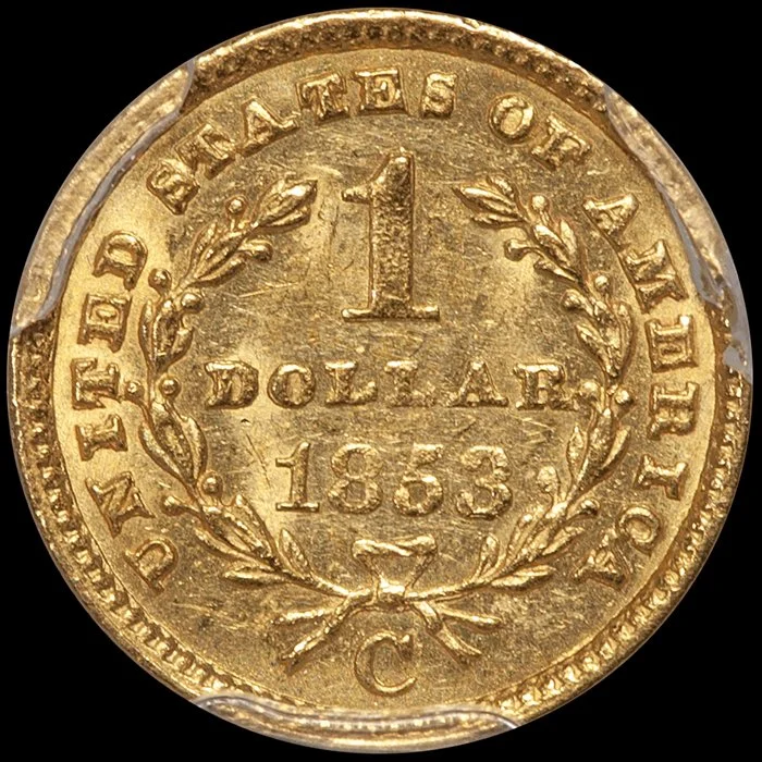 Gold Dollar. 1853-C Charlotte $1 gold coin. PCGS MS61.