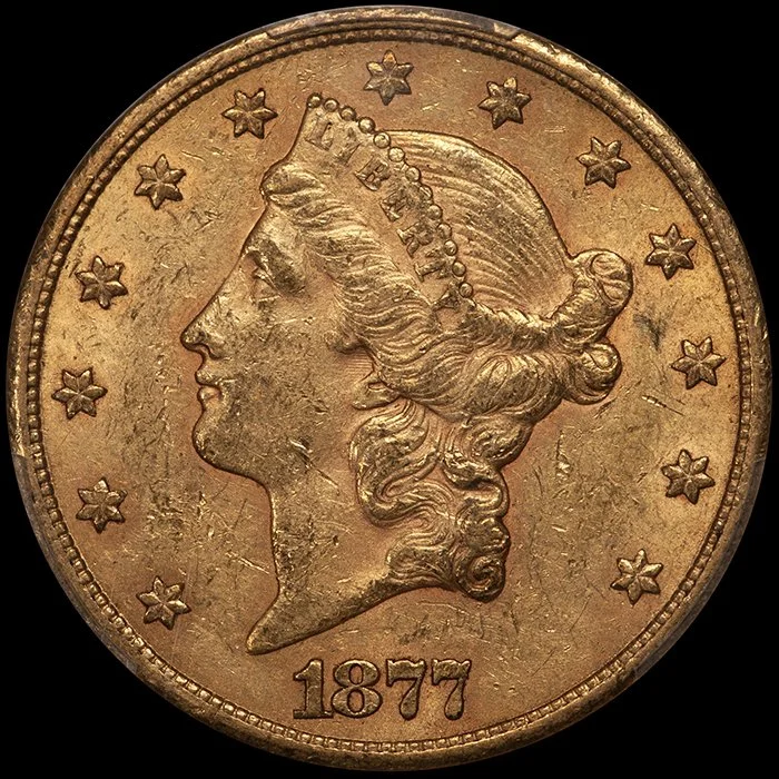 Double Eagle. 1877-CC Carson City $20.00 gold coin. PCGS AU58 CAC.