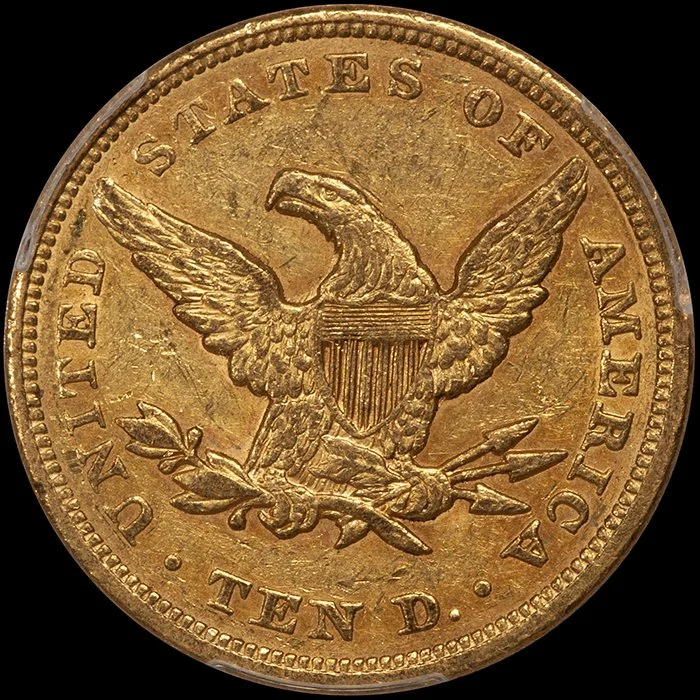 Eagle. 1850 Small Date $10 gold coin. PCGS AU58 CAC, ex Fairmont.