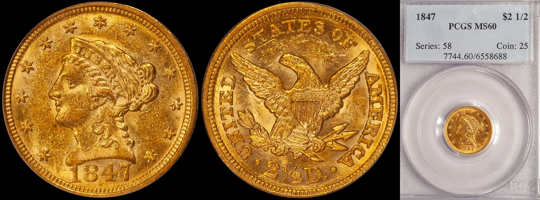 Quarter Eagle. 1847 $2.50 gold coin. PCGS MS60.