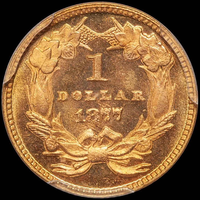 Gold Dollar. 1877 $1 gold coin. PCGS MS67 CAC.