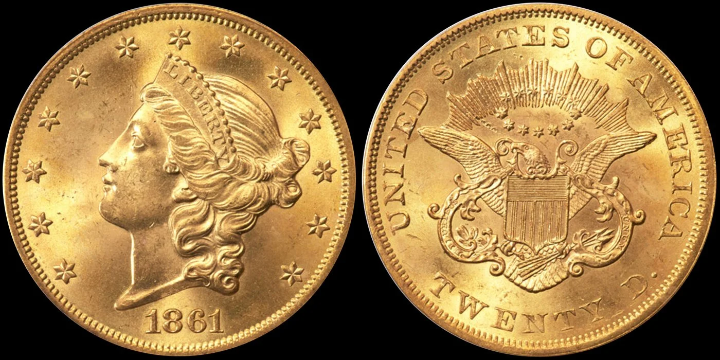 LOT 3404: 1861 $20.00, PCGS MS65, courtesy of Heritage