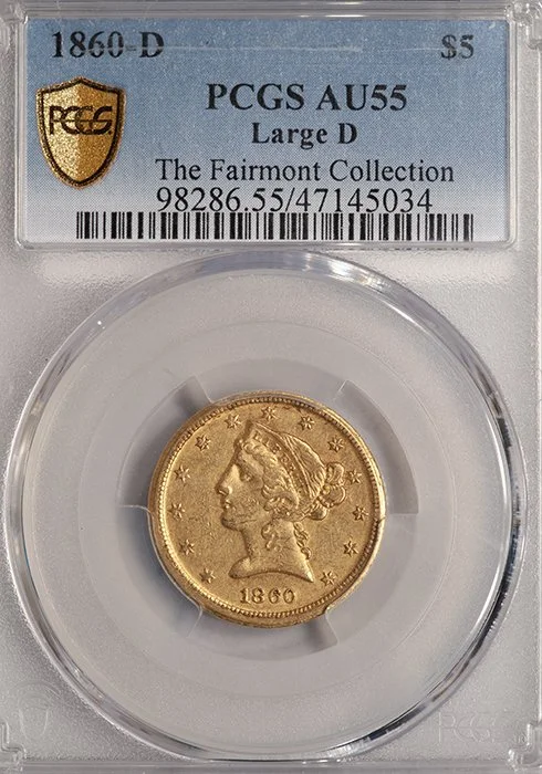 Half Eagle. 1860-D Large D Dahlonega $5 gold coin. PCGS AU55.