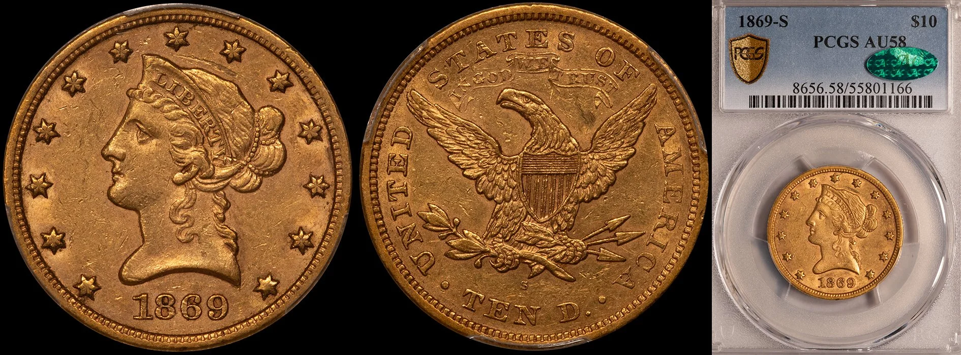 JUST ADDED - $10.00 - 1869-S PCGS AU58 CAC
