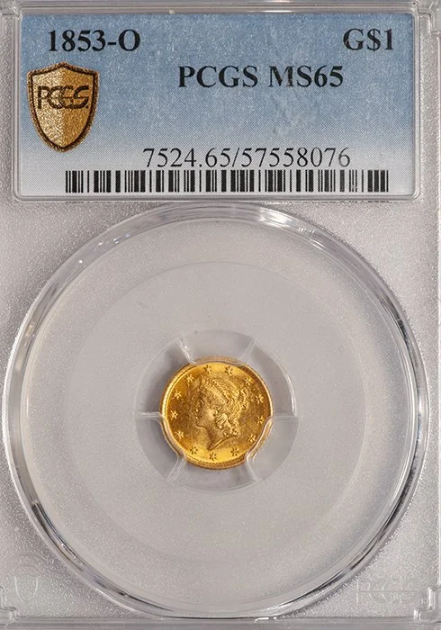 Gold Dollar. 1853-O New Orleans $1 gold coin. PCGS MS65.