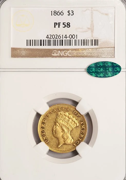 Three Dollars. 1866 $3 gold coin. NGC PR58 CAC.