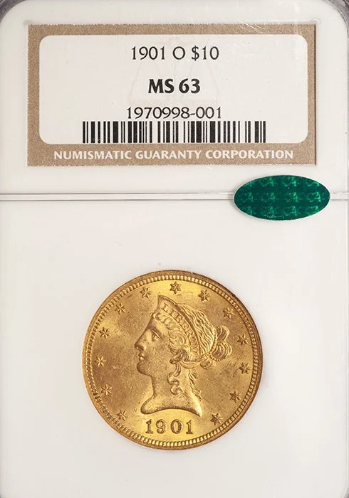 Eagle. 1901-O New Orleans $10 gold coin. NGC MS63 CAC.