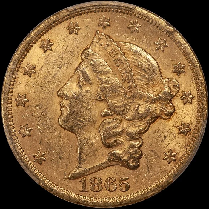Double Eagle. 1865 $20 gold coin. PCGS AU58 CAC.