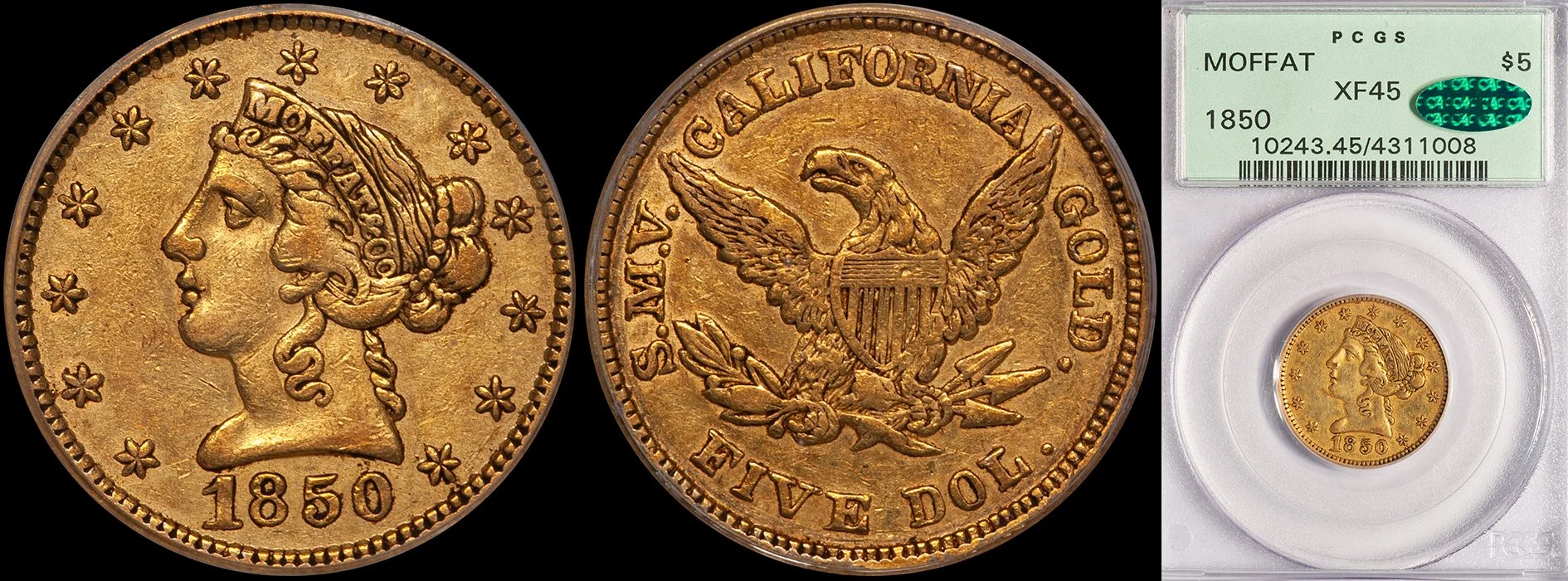 ON HOLD - $5.00 - 1850 Moffat PCGS EF45 CAC, OGH