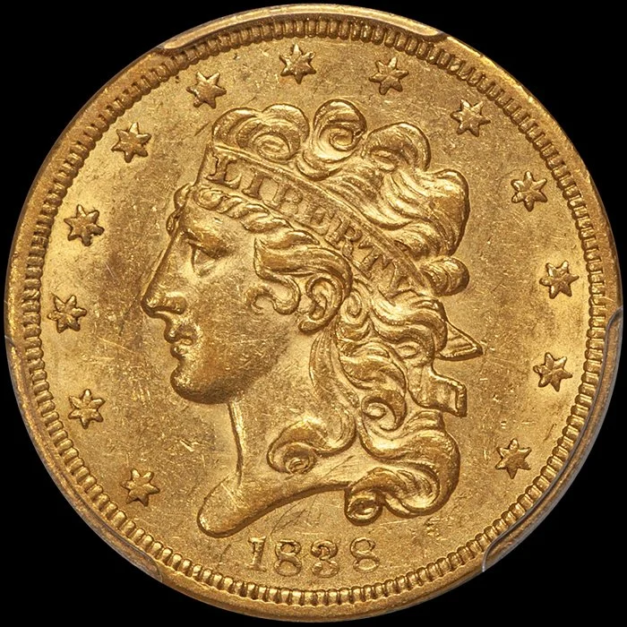 Half Eagle. 1838 $5 gold coin. PCGS AU58.