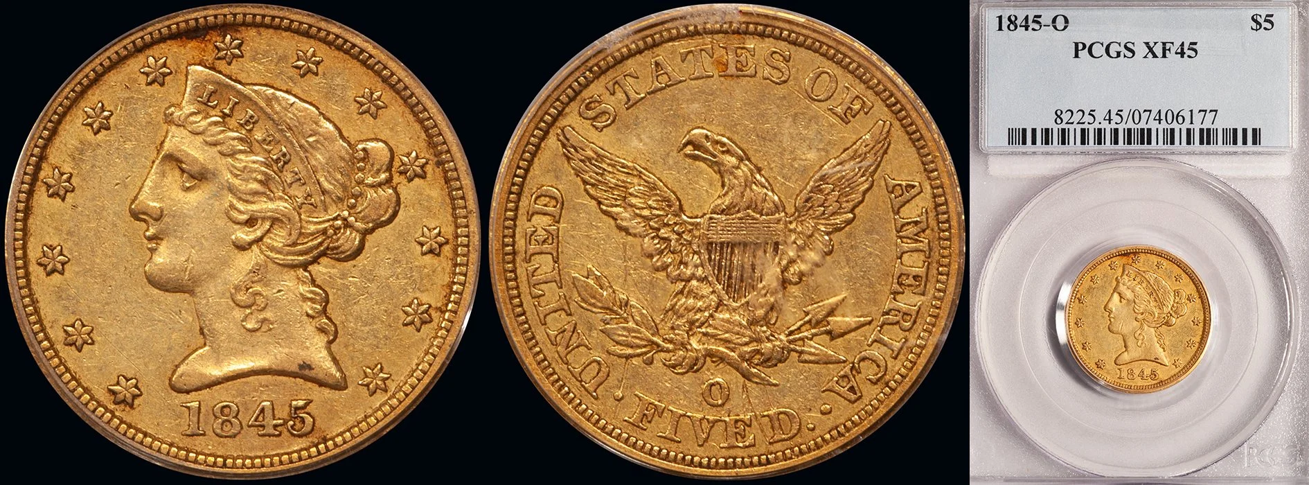 Half Eagle. 1845-O New Orleans $5 gold coin. PCGS EF45.