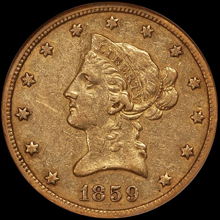 Eagle. 1859-O New Orleans $10 gold coin. NGC AU55.