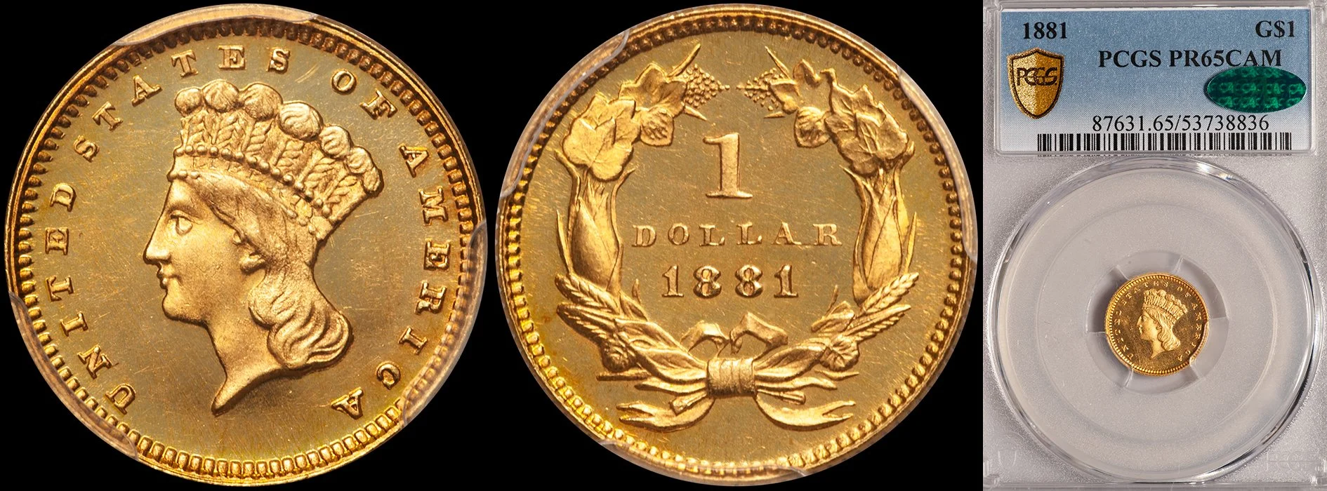 Gold Dollar. 1881 Proof $1.00 gold coin. PCGS PR65CAM CAC.