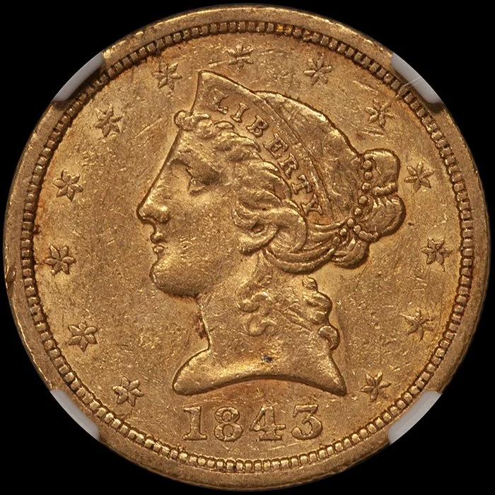 Half Eagle. 1843-O Large Letters New Orleans $5 gold coin. NGC AU55 CAC.
