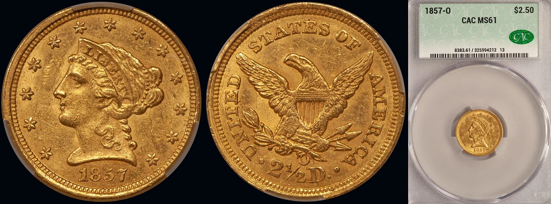 Quarter Eagle. 1857-O New Orleans $2.50 gold coin. CACG MS61.