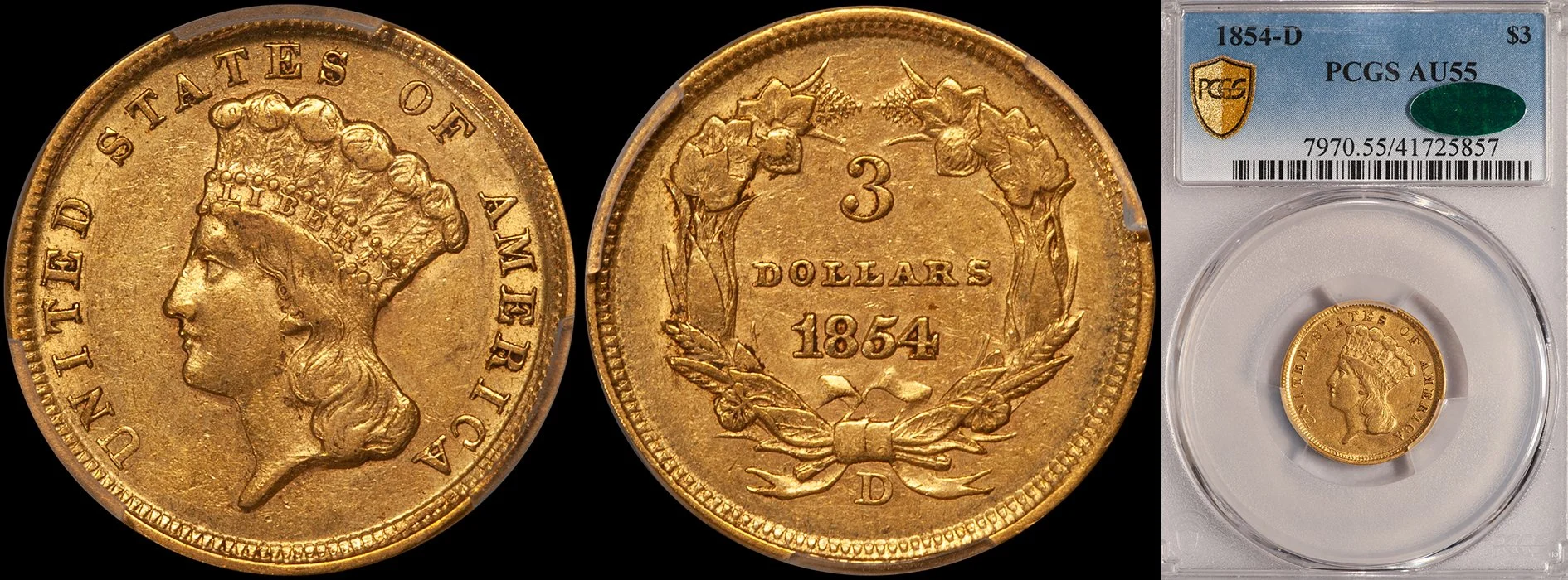 ON HOLD - $3.00 - 1854-D PCGS AU55 CAC