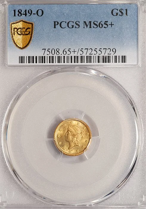 Gold Dollar. 1849-O $1 gold coin. Open Wreath. PCGS MS65+.