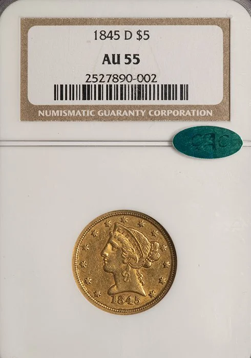 Half Eagle. 1845-D Dahlonega $5 gold coin. NGC AU55 CAC.