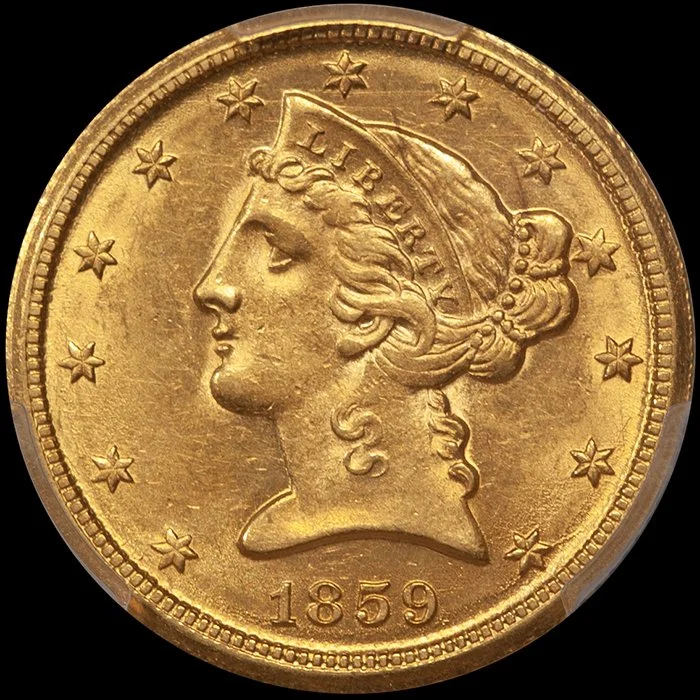 Half Eagle. 1859-D Dahlonega $5 gold coin. Medium D. PCGS MS61.