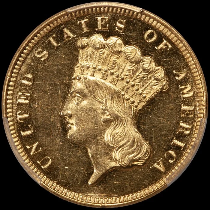 Three Dollars. 1854 $3 gold coin. PCGS PR62.