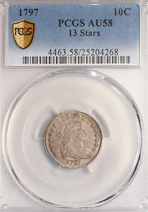10C. 1797 13 Stars silver dime. PCGS AU58.