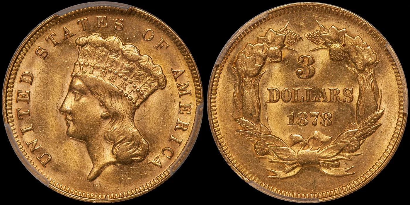 1878 $3.00 PCGS AU58+ CAC