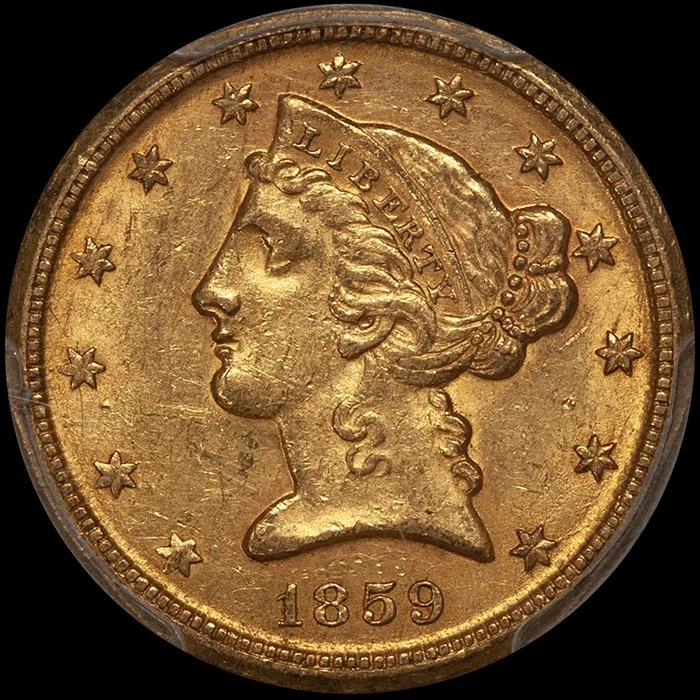 Half Eagle. 1859-D Dahlonega $5 gold coin. Medium D. PCGS MS62 CAC. Fairmont.