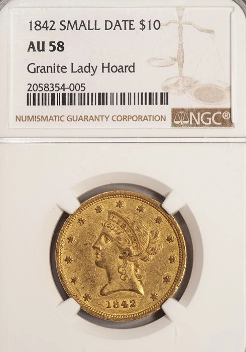 Eagle. 1842 Small Date $10 gold coin. NGC AU58.