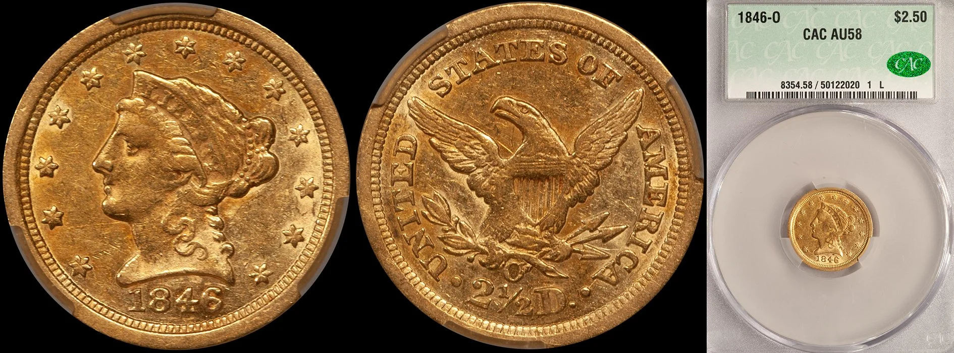 Quarter Eagle. 1846-O New Orleans goldcoin. CACG AU58