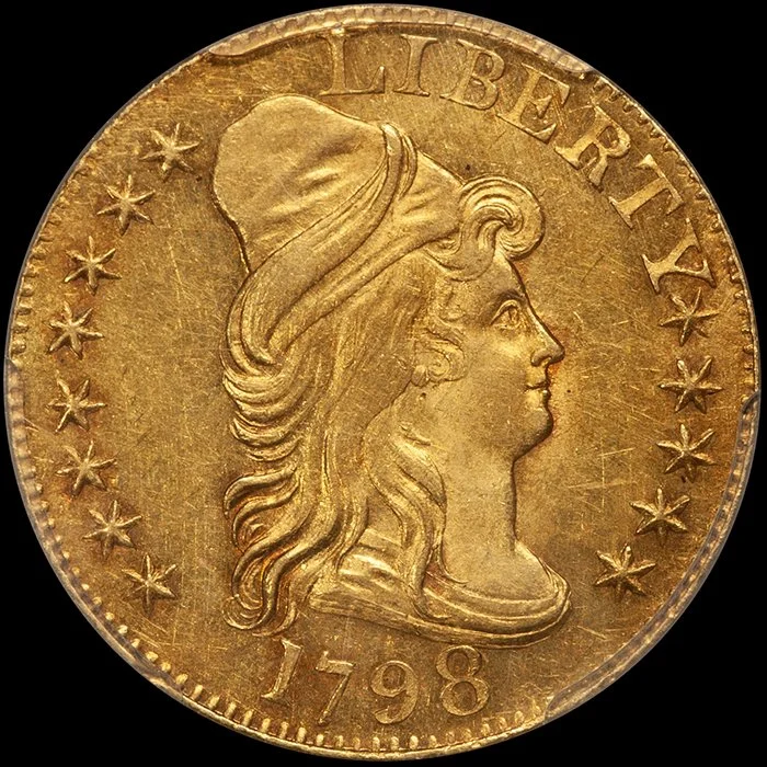 Half Eagle. 1798 $5.00 gold coin. PCGS MS62 CAC. Large 8, 13 Stars.