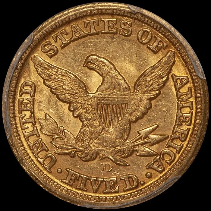 Half Eagle. 1859-D Dahlonega $5 gold coin. Medium D. PCGS MS62 CAC. Fairmont.