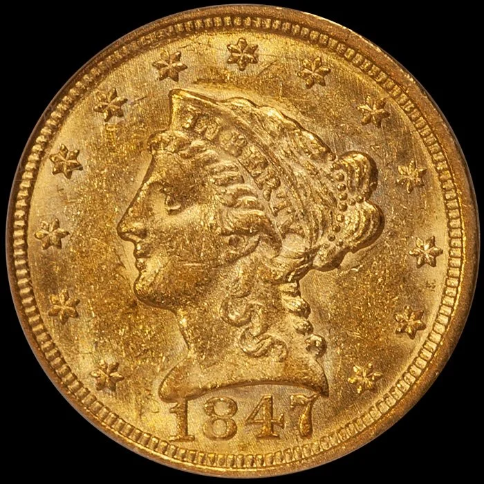 Quarter Eagle. 1847 $2.50 gold coin. PCGS MS60.