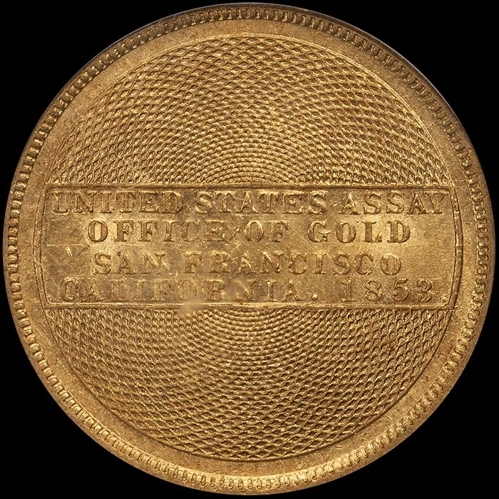 Double Eagle. 1853 Assay $20.00 gold coin. 900 Thous. PCGS MS62.