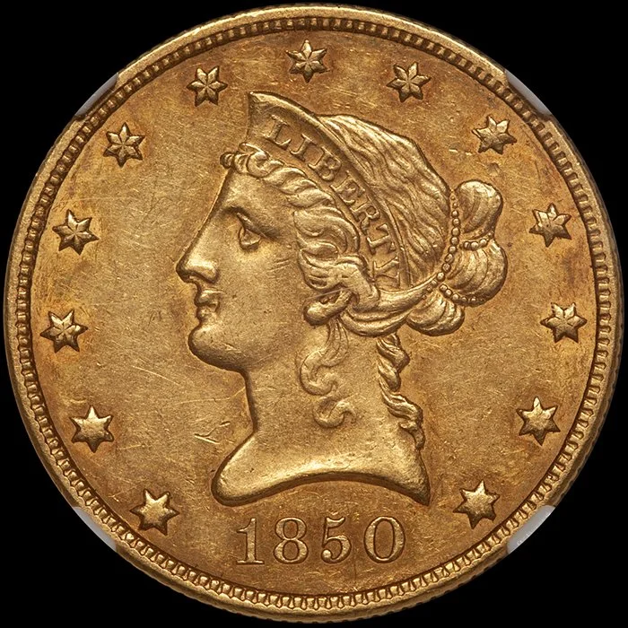 Eagle. 1850 Small Date $10 gold coin. NGC AU58 CAC.