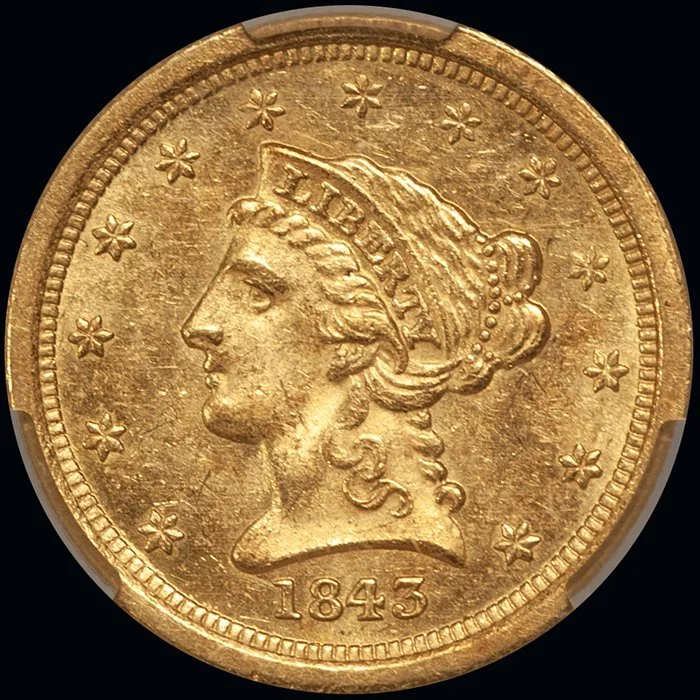 Quarter Eagle. 1843-O New Orleans $2.50 gold coin. Small Date. CACG MS61.