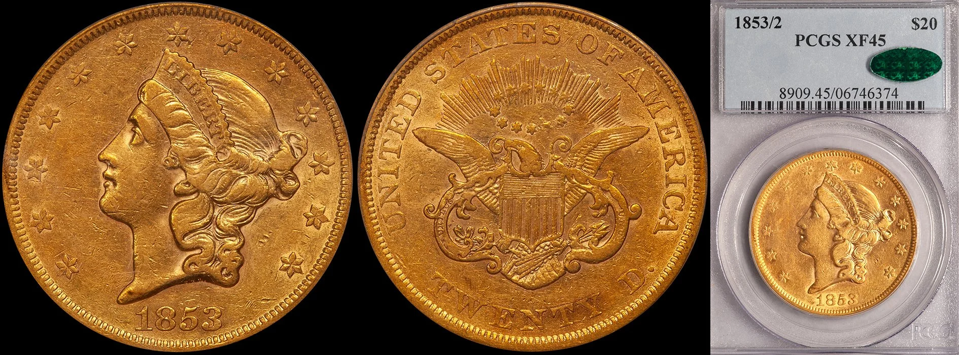 JUST ADDED - $20.00 - 1853/2 PCGS EF45 CAC