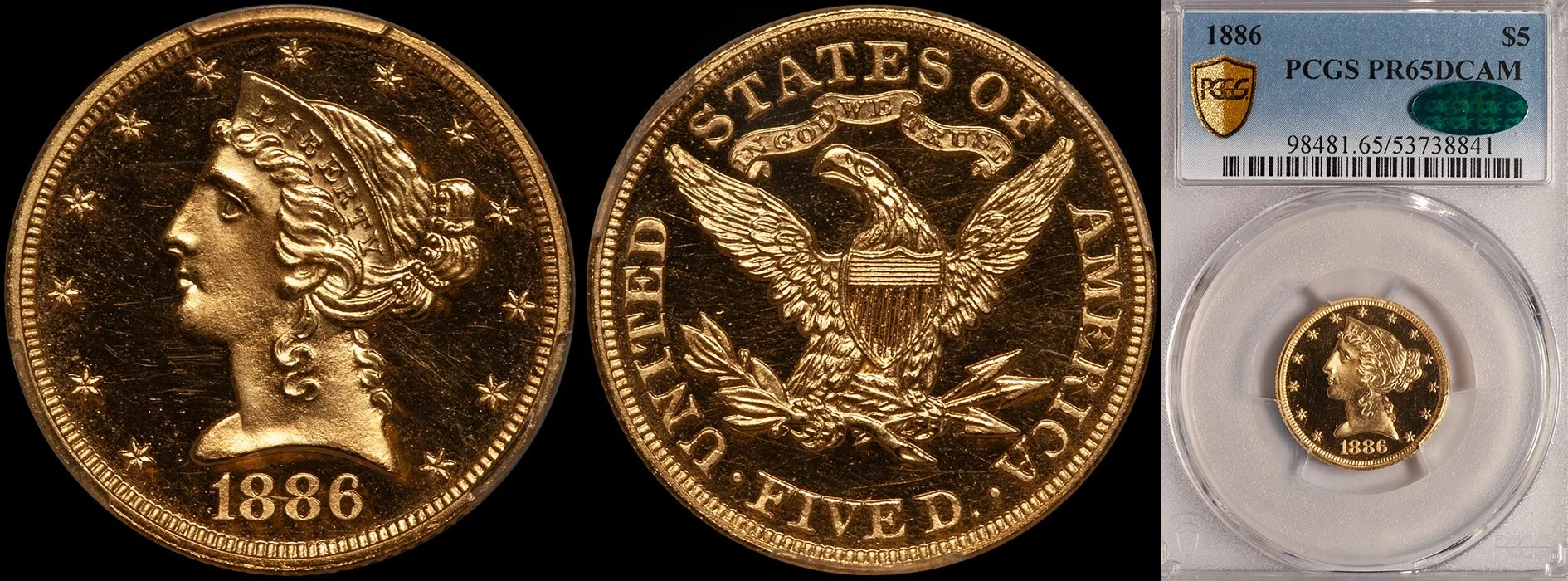 JUST ADDED - $5.00 - 1886 PCGS PR65DCAM CAC