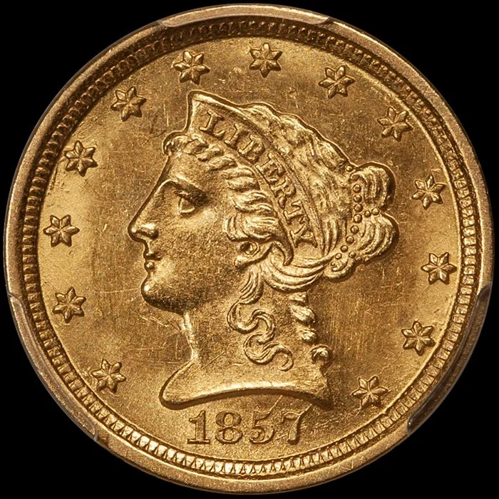 Quarter Eagle. 1857-D Dahlonega $2.50 gold coin. PCGS MS62.