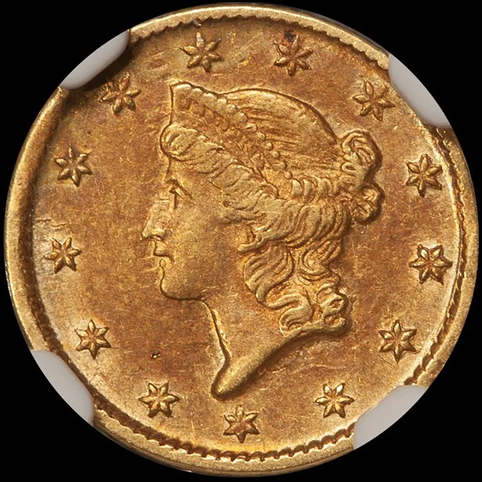 Gold Dollar. 1852-D Dahlonega $1 gold coin. NGC AU55 CAC.
