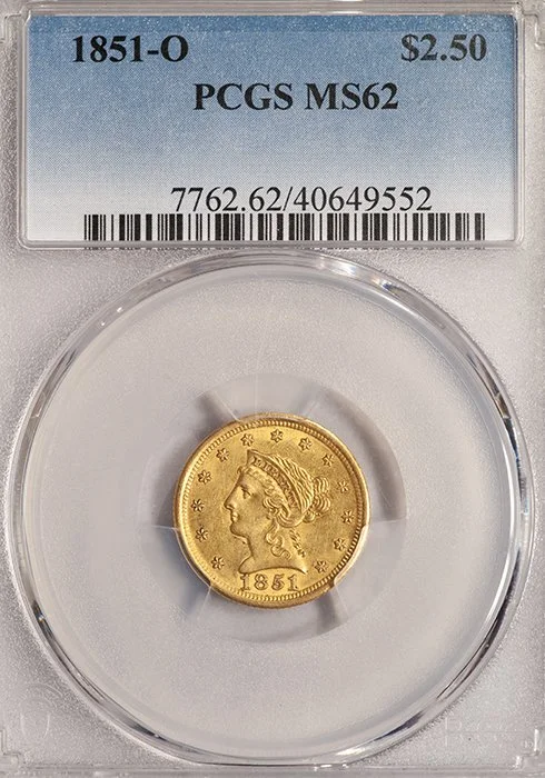 Quarter Eagle. 1851-O New Orleans gold coin. PCGS MS62.