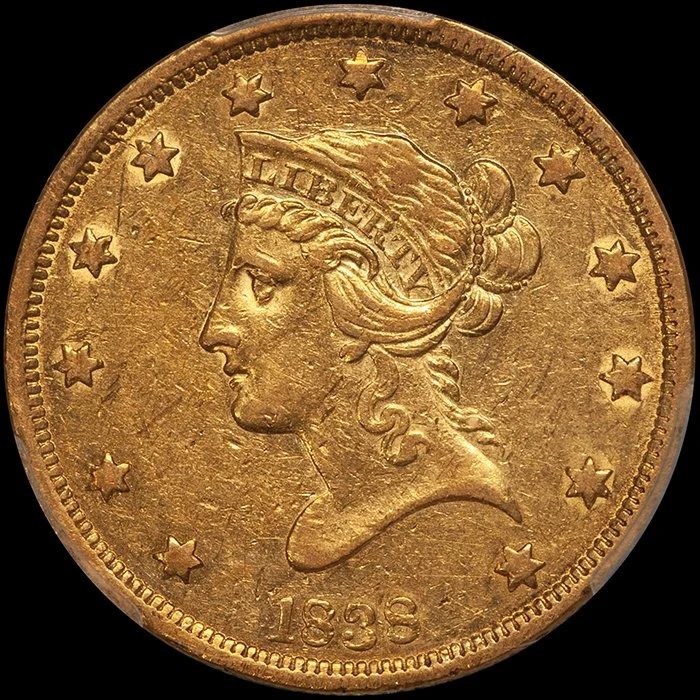 Eagle. 1838 $10 gold coin. PCGS AU50.