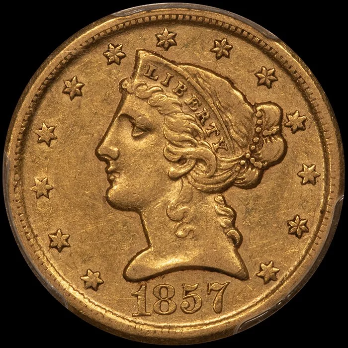 Half Eagle. 1857-D Dahlonega $5 gold coin. PCGS AU53 CAC.